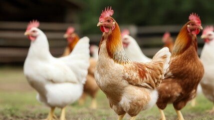 Fototapeta premium Group of chickens roaming on a farmyard with a blurred background. The image captures various breeds in natural surroundings, representing free-range farming