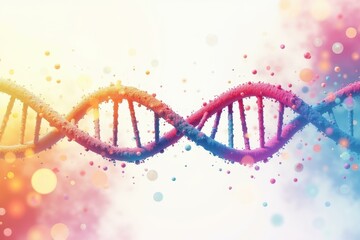 Double - stranded strand of dna is colored in rainbow - hued background