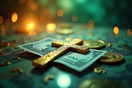 Cross is on top of pile of money and gold coins