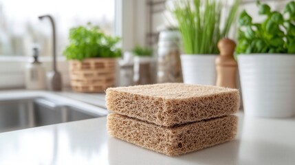 Natural Fiber Dish Sponges on Kitchen Counter with Fresh Herbs in Bright Sunlit Space