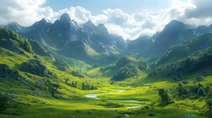 Majestic Mountain Landscape with Ethereal Mist and Tranquil River Cutting Through Verdant Valleys