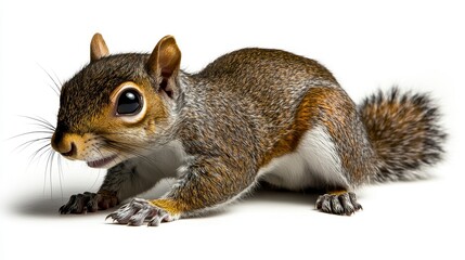 Obraz premium Brown squirrel on white background, showcasing intricate fur patterns and expressive features, ideal for nature-related projects and educational uses