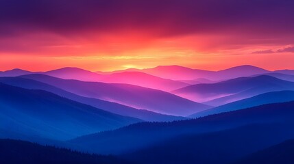 Majestic Layers of Blue and Purple Mountains Under a Glowing Sunset Sky