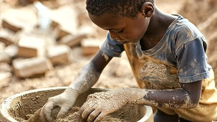 Child laborer mixing clay and water for brick-making industry