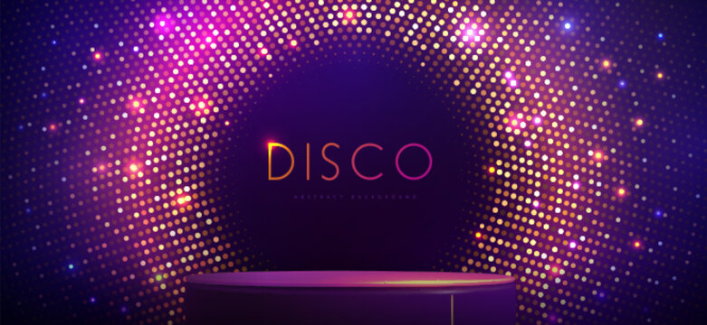 Disco party showcase background with 3d podium  and disco ball sequin glitter texture. Disco ball background. Vector illustration