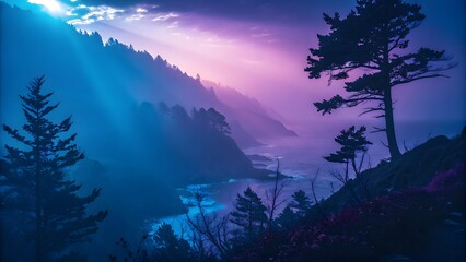 Serene Coastal Landscape with Dramatic Light and Misty Mountains