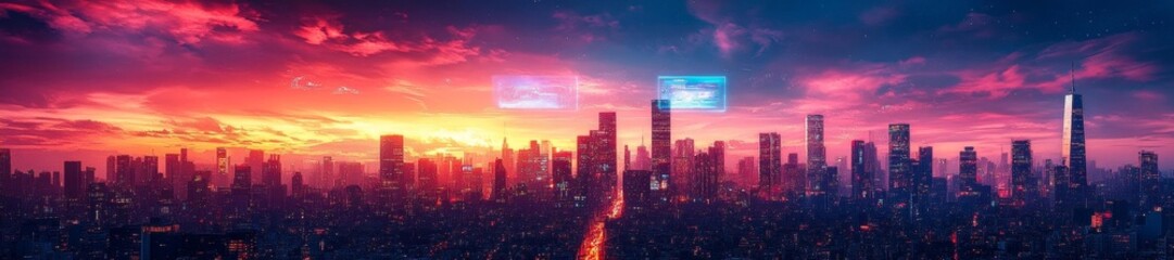 Fototapeta premium Vibrant Futuristic City Skyline with Sunset Sky and Holographic Elements. Generative AI