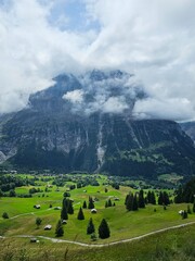A breathtaking mountain trail winding through the alpine landscape of Grindelwald, Switzerland, with towering peaks in the background. This scenic pathway offers stunning views of the Swiss Alps, invi