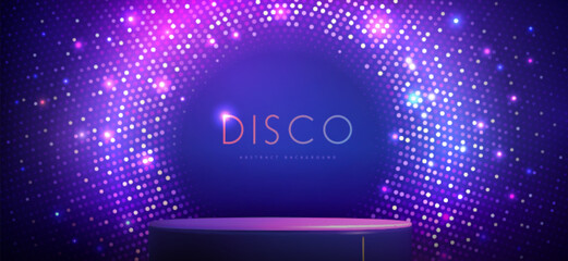 Disco party showcase background with 3d podium  and disco ball sequin glitter texture. Disco ball blue background. Vector illustration