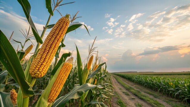 Golden Cornfield Under Soft Sunset Light with Blue Sky Background