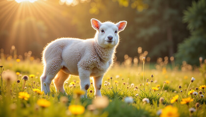 Fototapeta premium A fluffy lamb standing in a sunlit meadow filled with blooming flowers. This heartwarming image represents innocence, renewal, and the spiritual essence of Easter, ideal for springtime content.
