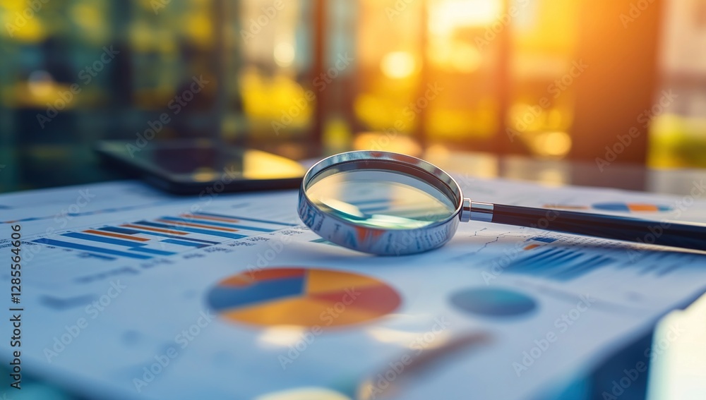 Poster analyzing business charts with magnifying glass for accurate data insights and strategic decisions