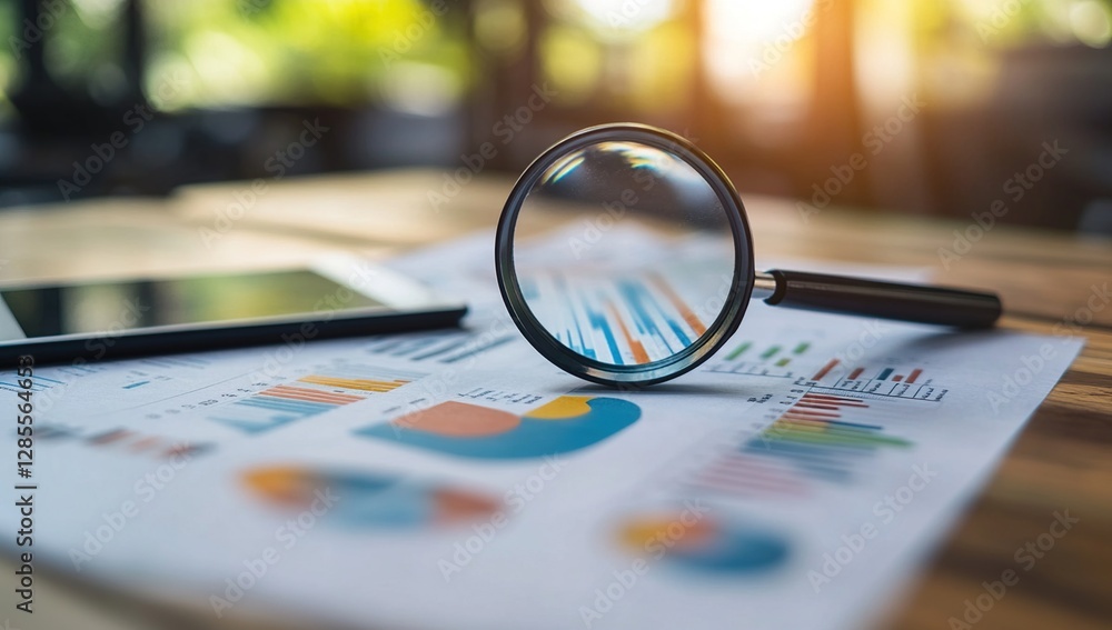 Aufkleber magnifying glass reveals data insights: analyzing charts and graphs for business decisions efficient