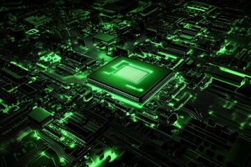 Fototapeta premium Explore the intricate beauty of a glowing green circuit board, a mesmerizing close-up showcasing technology's complexity Witness the mesmerizing patterns and luminous details of this electronic