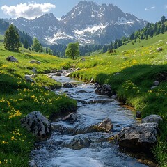 Majestic Mountain Stream Flowing Through Lush Green Alpine Valley Under Snowy Peaks