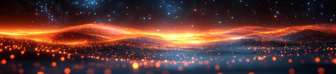 Beautiful Orange Light Waves on a Glowing Surface with Starry Sky. Generative AI