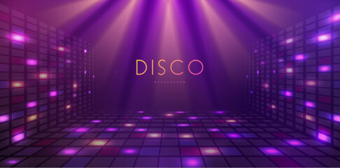Disco party showcase background with neon rainbow dance floor and spot light beams. Disco ball background. Vector illustration