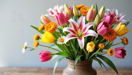 A festive bouquet of tulips, lilies, and daffodils arranged in a vase, perfect for Easter decor and springtime celebrations. The vibrant blooms symbolize renewal, joy, and the beauty of the season.