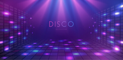 Disco party showcase background with neon rainbow dance floor and spot light beams. Disco ball background. Vector illustration
