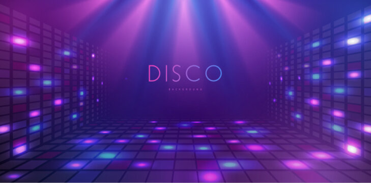 Disco party showcase background with neon rainbow dance floor and spot light beams. Disco ball background. Vector illustration