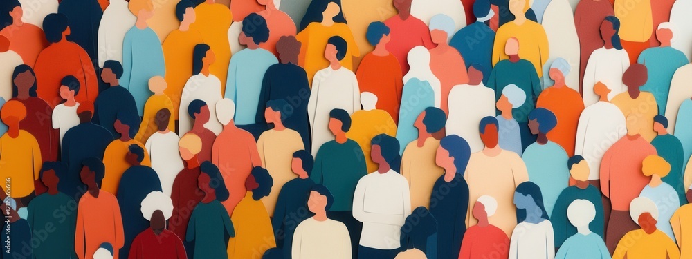 Poster diverse crowd of illustrative paper cutouts in multicolored shades displaying unity and togetherness