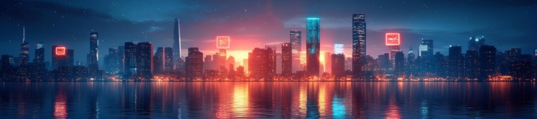 Fototapeta premium Night cityscape with futuristic glowing buildings and neon accents reflected in water. Generative AI