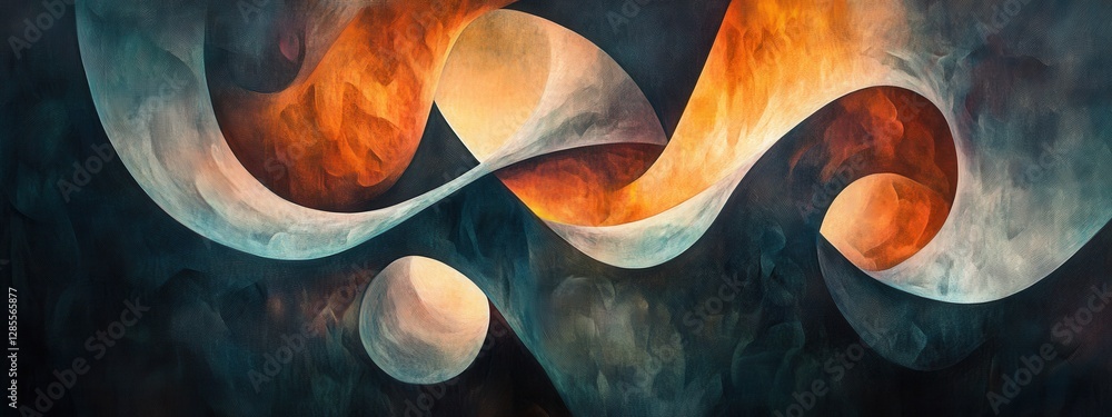 Poster abstract swirls in orange and blue creating flowing patterns and shape on dark background