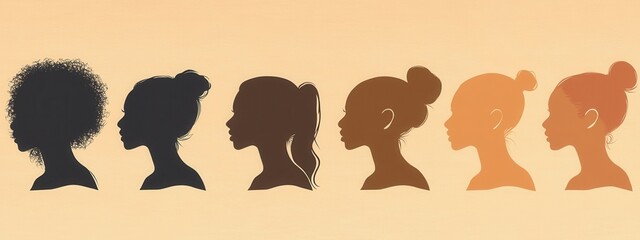 Seamless Transition of Female Silhouettes Showcasing Diverse Hairstyles on Gradient Background
