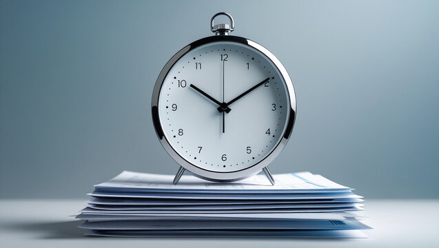 Sleek analog clock over financial documents, symbolizing strategic time use.