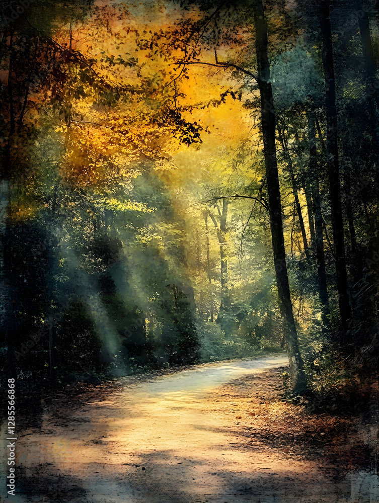 Poster Serene Autumn Forest Path with Sunlight Filtering Through Colorful Leaves : Generative AI