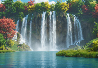 the sunrise of a beautiful waterfall.