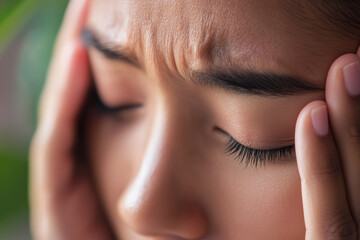 Fototapeta premium Experiencing stress, person holds their head with closed eyes, showcasing tension and discomfort. close up highlights emotional struggle and physical manifestation of stress