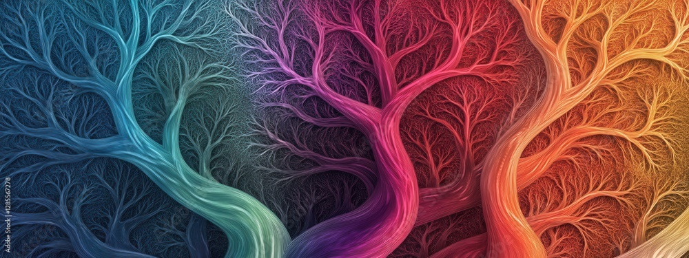Poster abstract representation of colorful trees with intricate branch patterns and background effects