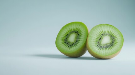 Studio shot of kiwi halves against a pale blue background