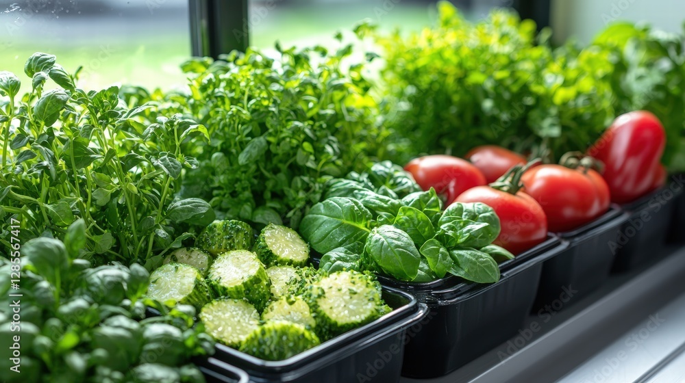 Poster sunshine streaming through a window sill with an array of fresh vegetables displayed beautifully