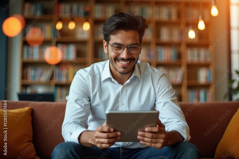Poster man is sitting on couch using his tablet computer