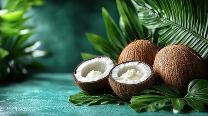 Fresh coconut halves and cream jars on a vibrant teal background evoke a tropical vibe.