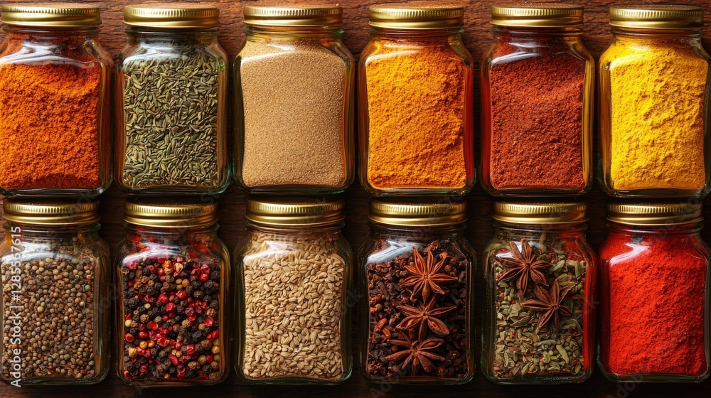 Poster a vibrant assortment of colorful spices displayed in various containers on a wooden background