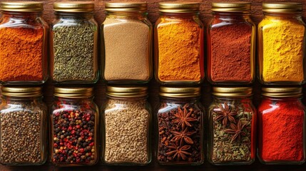 A vibrant assortment of colorful spices displayed in various containers on a wooden background