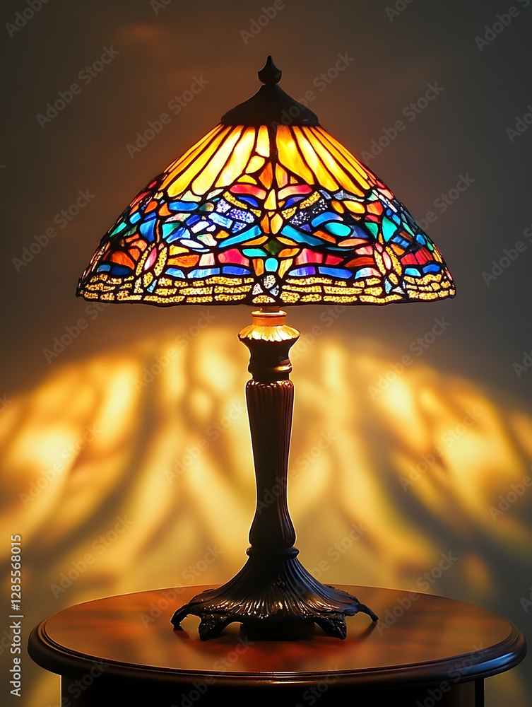 Poster elegant mosaic stained glass table lamp casting colorful shadows in cozy home interior setting : gen