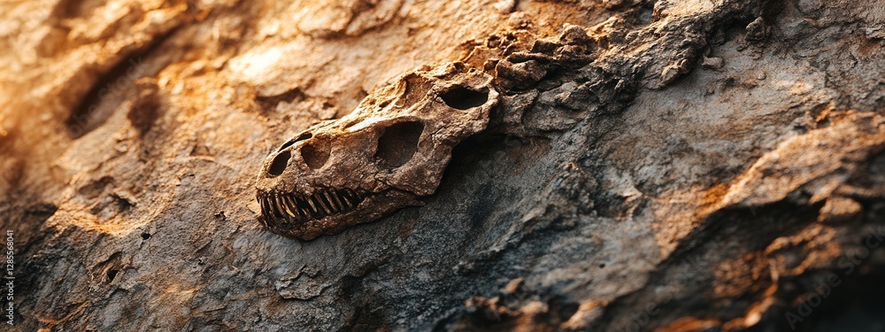 Poster fossilized dinosaur skull embedded in rocky surface with natural lighting and texture