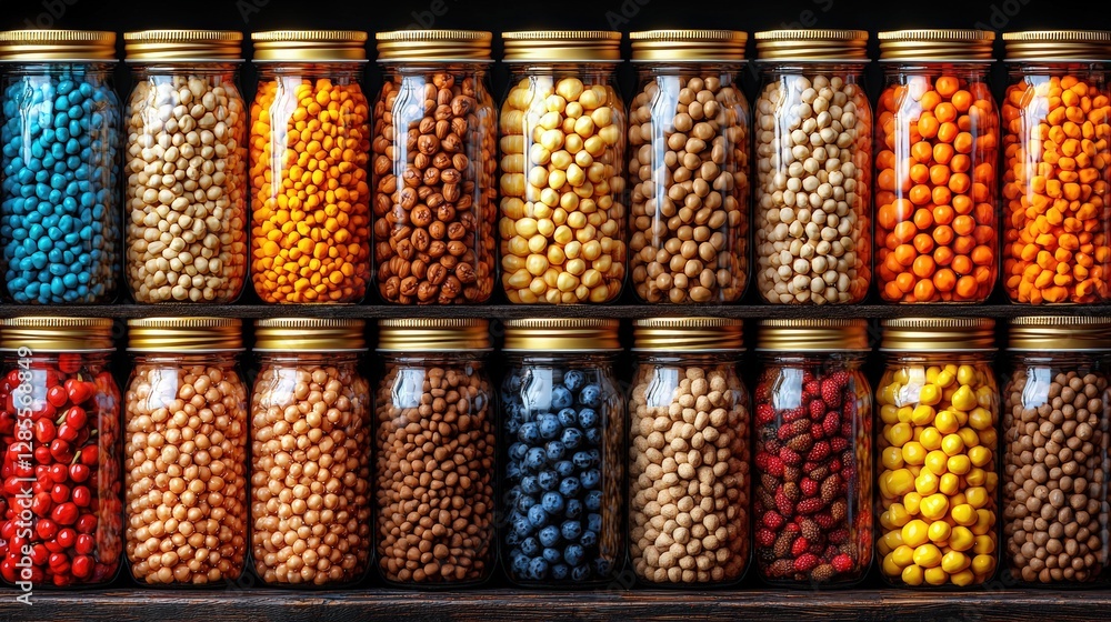 Poster an array of different types of beans carefully packaged in clear jars for easy identification