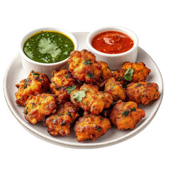 Fototapeta premium A plate of crispy, golden-brown cauliflower fritters served with tangy green chutney and spicy red sauce. A delicious vegetarian snack or appetizer.