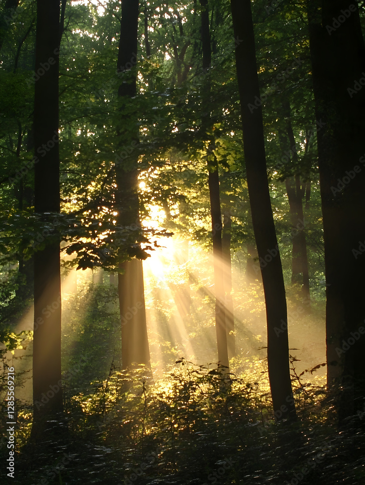 Poster Sunlight Streaming Through Forest Trees Creating Mystical Nature Atmosphere in Woodland : Generative AI