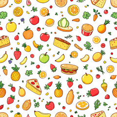 a variety of fruits and vegetables, including apples, oranges, bananas, strawberries, pineapples, and carrots, arranged in a repeating design.