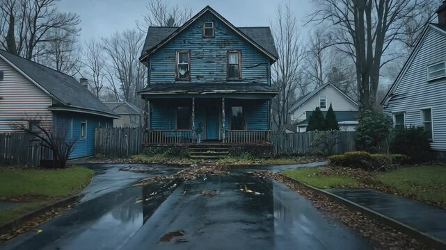 Abandoned House Amidst the Gloom: A weathered, blue-painted house stands forlornly on a wet, overcast day.