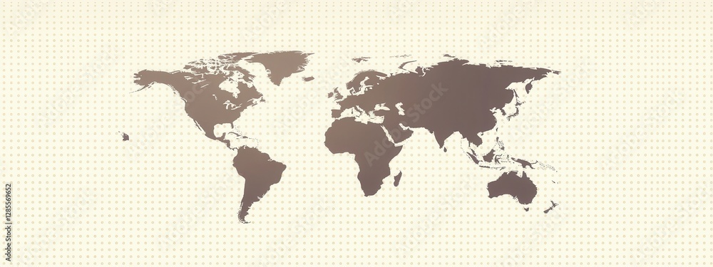 Poster world map illustration in minimalist style featuring neutral tones and dotted background pattern