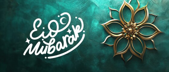 Eid Mubarak greeting with golden floral ornament on turquoise textured background Islamic celebration, festive design for Ramadan, Eid alFitr, or Eid alAdha Concept of religious holiday, tradition, an