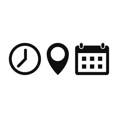 Time, address, and date icon vector in flat style. Clock, pin map location, and calendar sign symbol