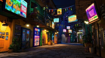 Naklejka premium Colorful Nighttime Alley with Neon Signs and Vibrant Decorations
